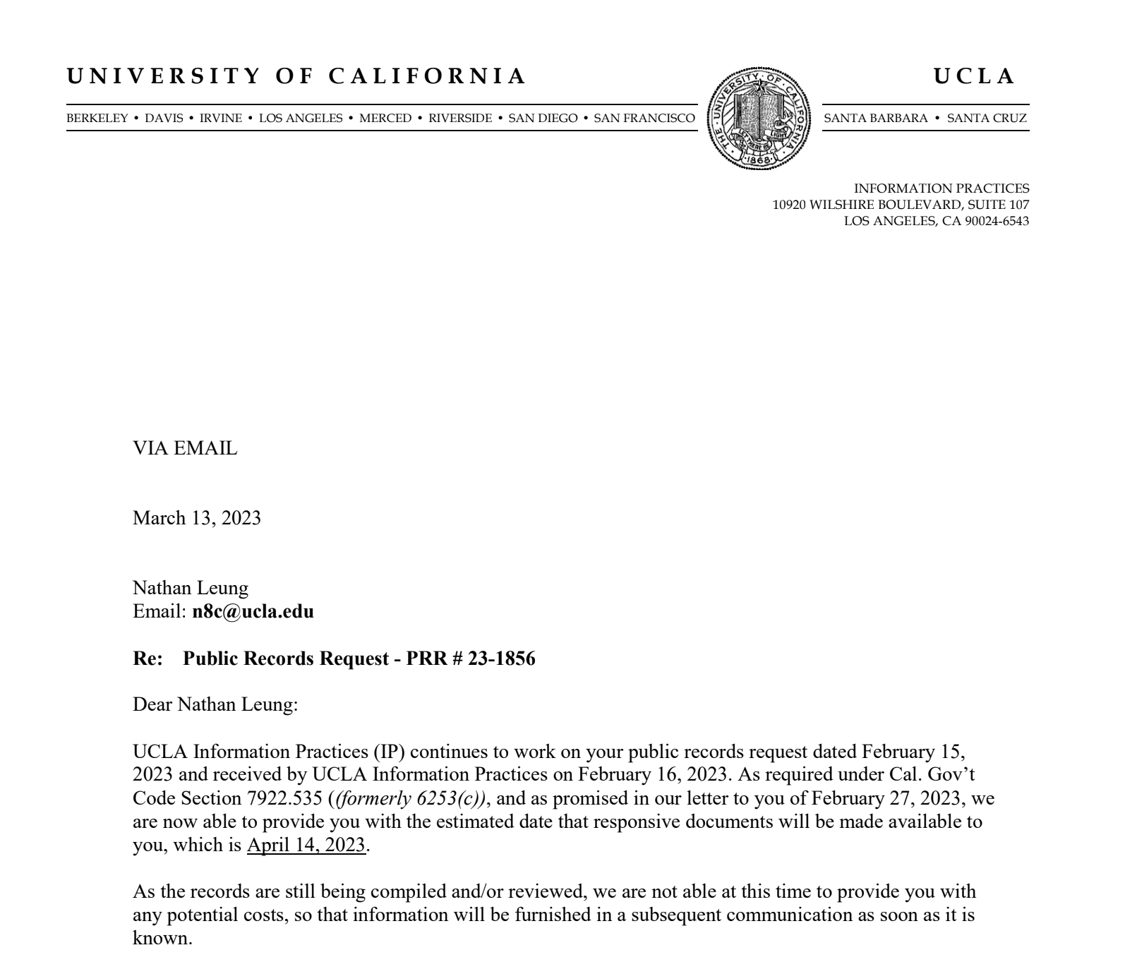 Letter of estimated availability