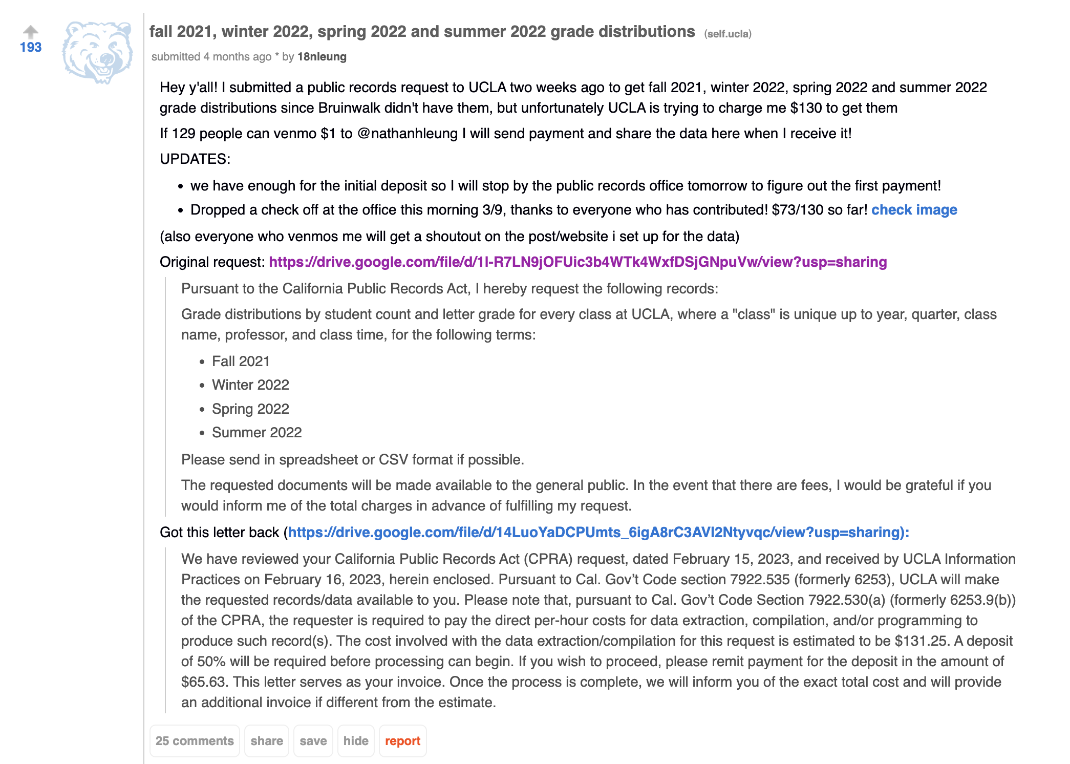 Fundraising reddit post